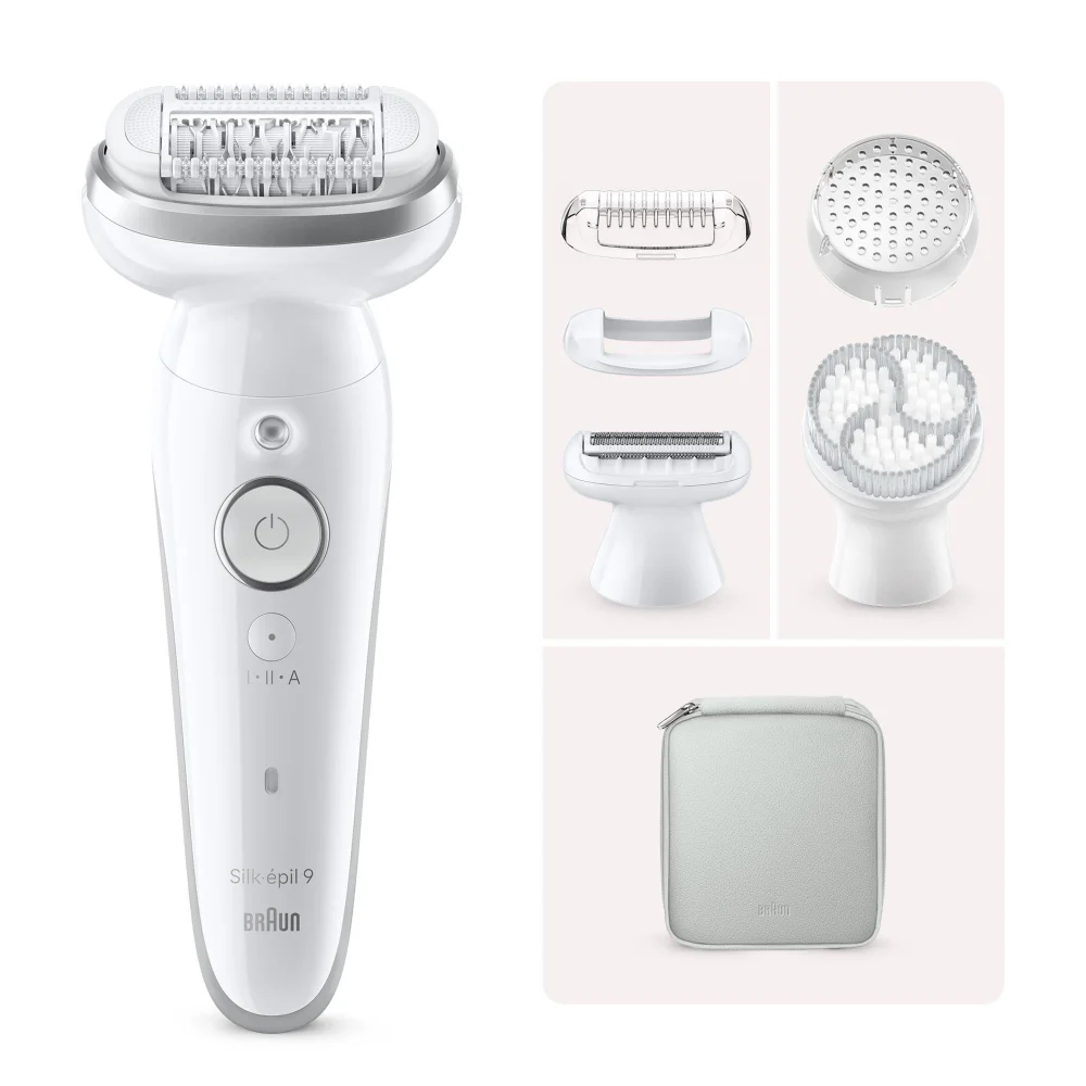 Braun Silk-épil 9 Epilierer mit verschiedenen Aufsätzen und Reiseetui.