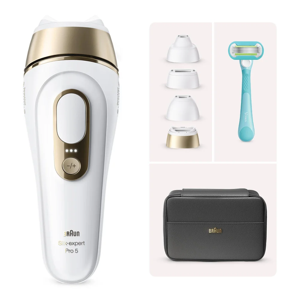 Braun Silk-expert Pro 5 IPL-Gerät mit Aufsätzen, Venus Rasierer und Aufbewahrungstasche.