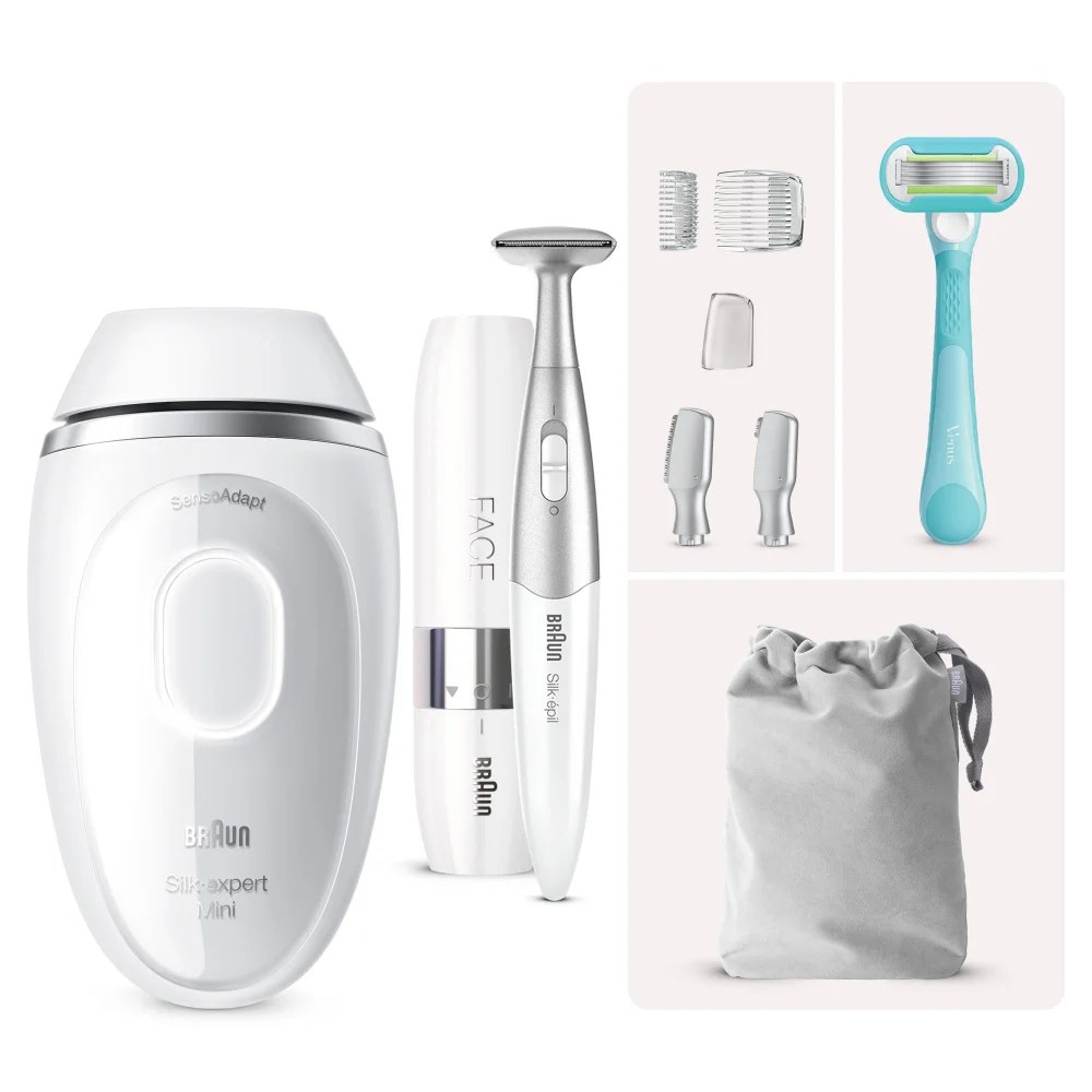 Braun Silk-expert Mini IPL Set mit Silk-épil Face Trimmer, Venus Rasierer und Zubehör.