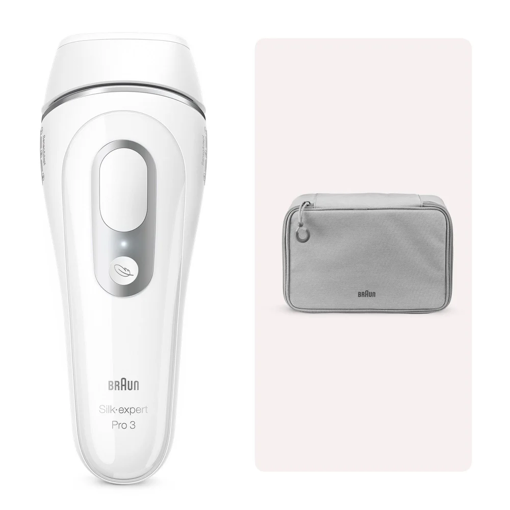 Braun Silk-expert Pro 3 IPL-Haarentfernungsgerät mit grauer Reisetasche.