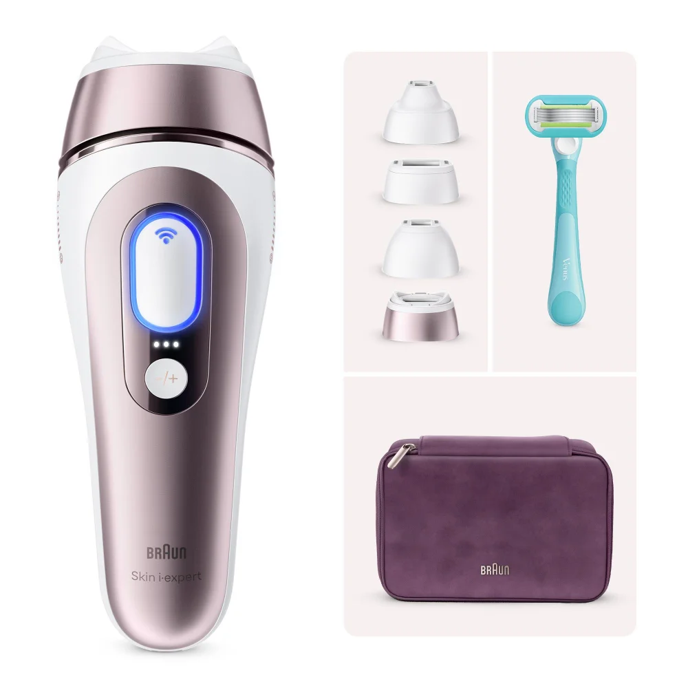 Braun Skin i-expert IPL-Gerät mit mehreren Aufsätzen, Venus Rasierer und Aufbewahrungstasche.