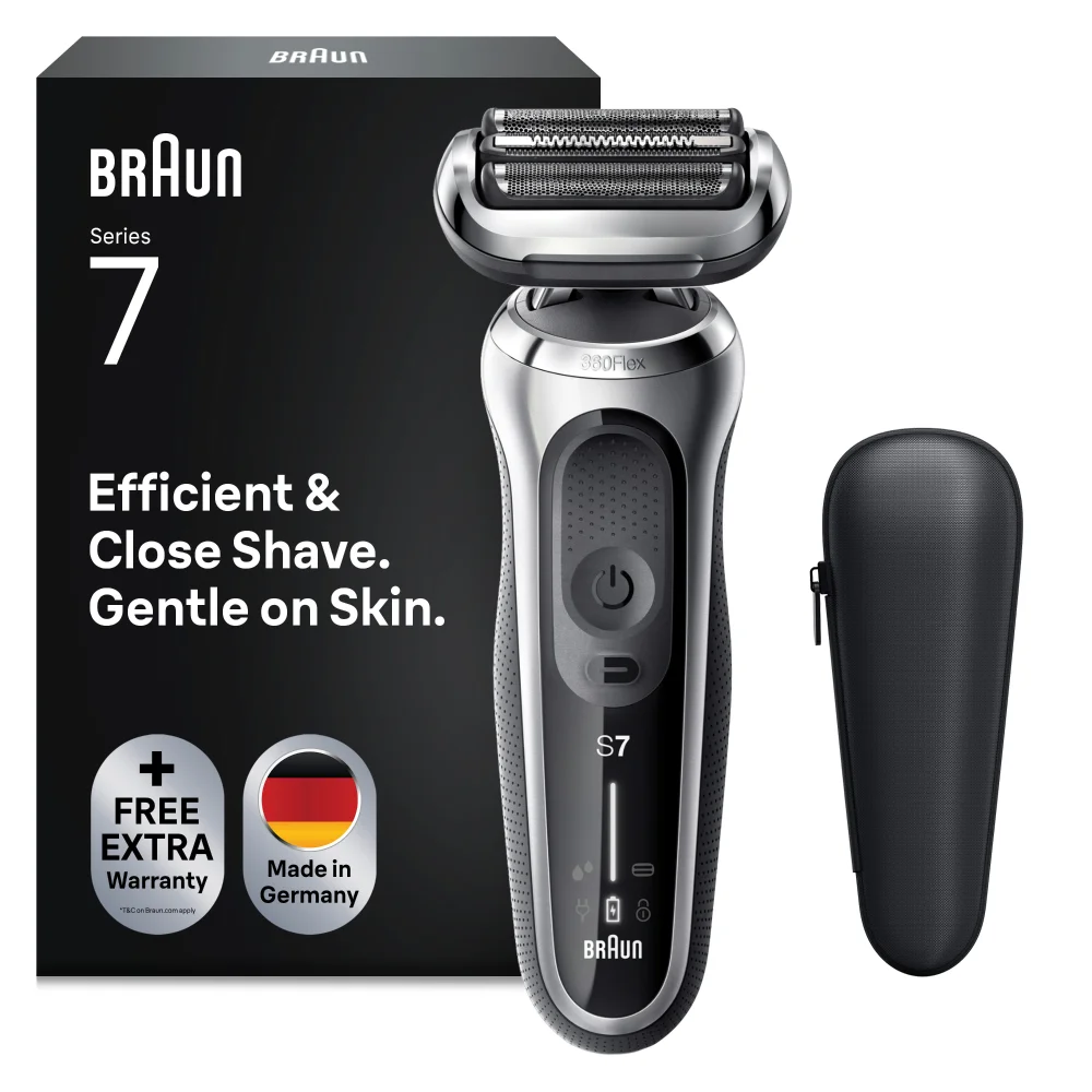 Braun Series 7 Rasierer, mit Verpackung, die eine 360°-Flex-Technologie für eine glatte Rasur an schwierigen Stellen hervorhebt.