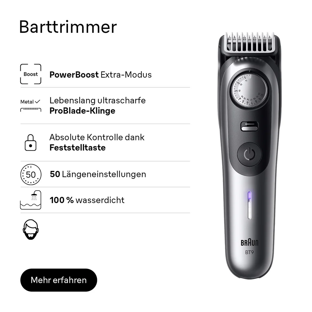 Braun Barttrimmer mit PowerBoost-Modus, ProBlade-Klinge, Feststelltaste, 50 Längeneinstellungen und 100 % wasserdicht.