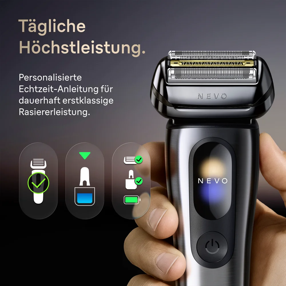 Braun NEVO Rasierer in der Hand mit Symbolen, die Echtzeit-Leistungsfeedback anzeigen.