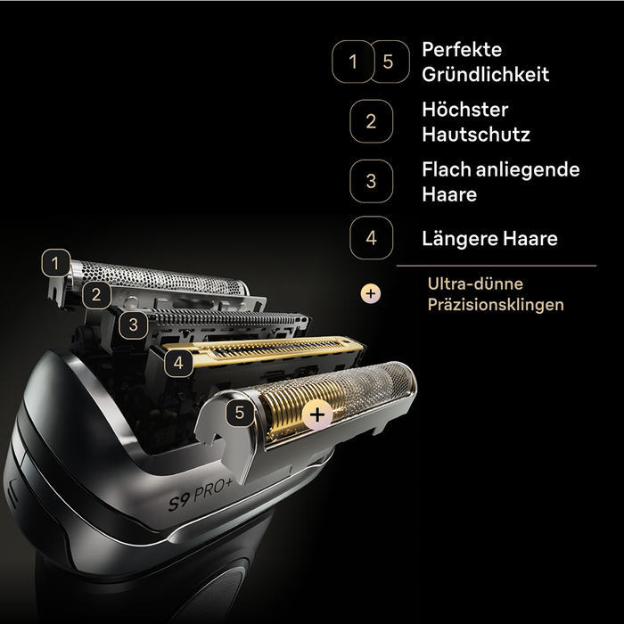 1. Perfekt  Gründlichkeit 2. Höchster  Hautschutz 3. Flach anliegende  Haare 4. Längere Haare Ultra-dünne  präzisions Klingen