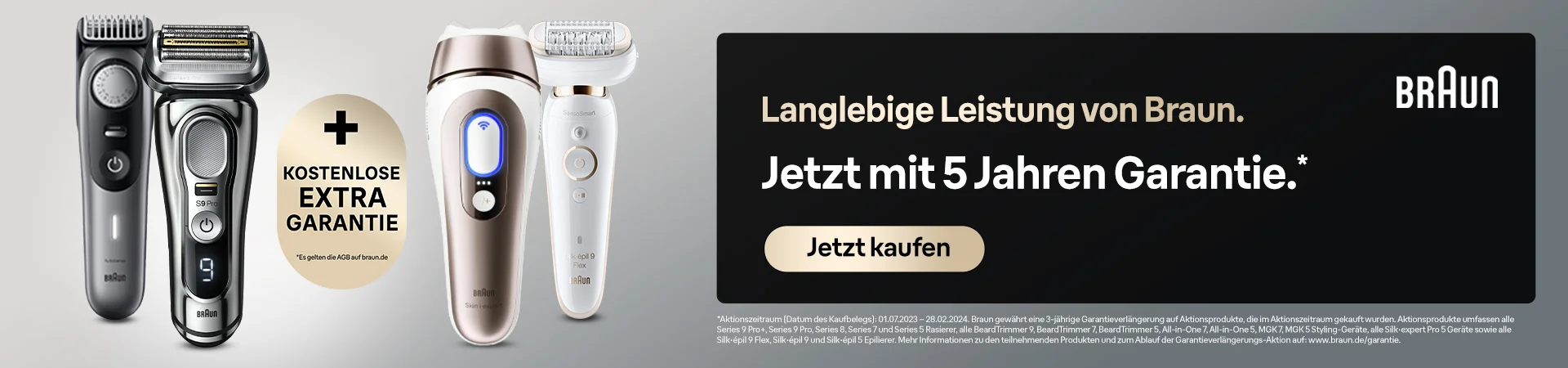 Bild zeigt Braun-Produkte mit dem Hinweis auf 5 Jahre Garantie