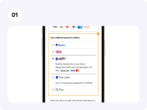 Bild zeigt, wo man beim Checkout die Splitit-Zahlungsoption auswählen kann