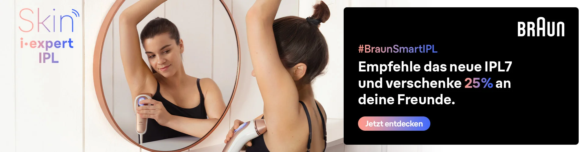 Infografik zeigt eine Frau, die sich im Spiegel rasiert, und das Empfehlungsangebot