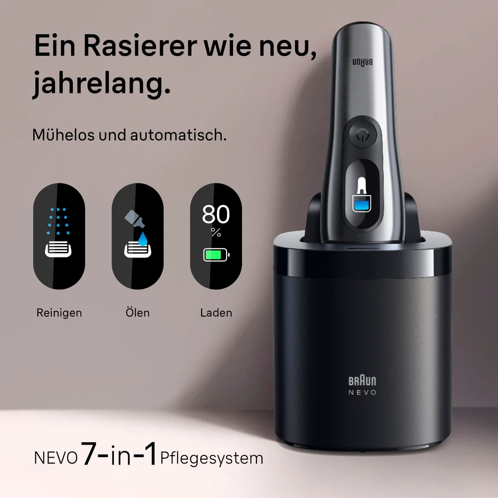 Braun NEVO Rasierer im NEVO Care System mit Symbolen, die den Lade-, Schmier- und Reinigungsstatus anzeigen.