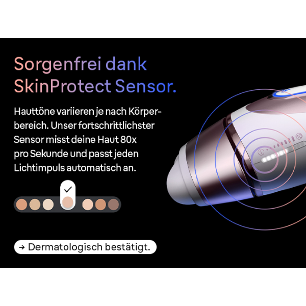 Sorgenfrei dank SkinProtect Sensor. Hauttöne variieren je nach Körperbereich. Unser fortschrittlichster Sensor misst deine Haut 80x pro Sekunde und passt jeden Lichtimpuls automatisch an. Dermatologisch bestätigt.