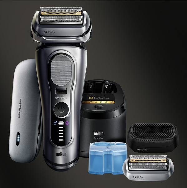 Braun Series 9 Pro+ Elektrorasierer mit Lade- und Reinigungsstation, Reiseetui, Bürstenaufsatz, zusätzlichem Scherkopf und Reinigungskartusche.
