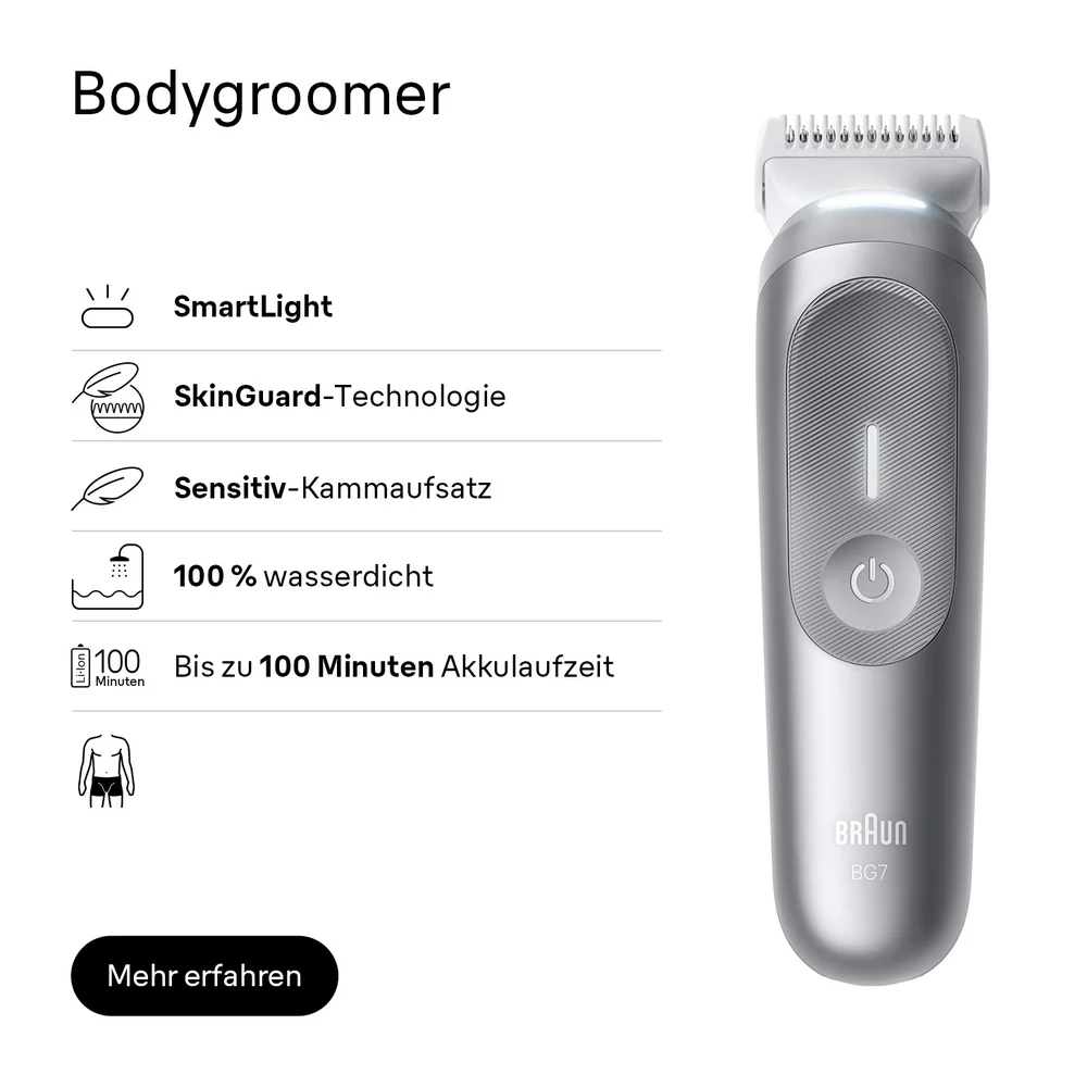 Braun Bodygroomer mit SmartLight, SkinGuard-Technologie, Sensitiv-Kammaufsatz, 100 % wasserdicht und 100 Minuten Akkulaufzeit.