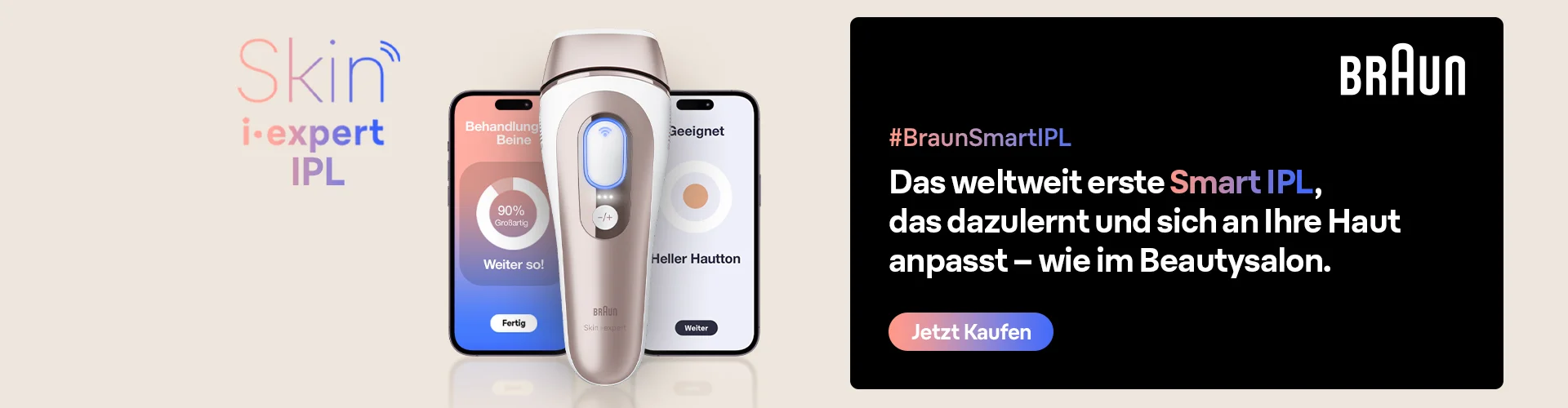 Infografik zeigt den neuen Braun Skin i.expert IPL und wie er sich mit der App verbindet.