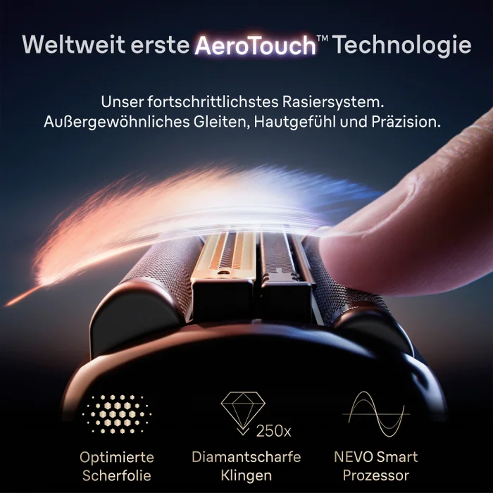 Ein Finger berührt den Kopf des Braun NEVO Rasierers und zeigt die AeroTouch-Technologie sowie weitere Vorteile.