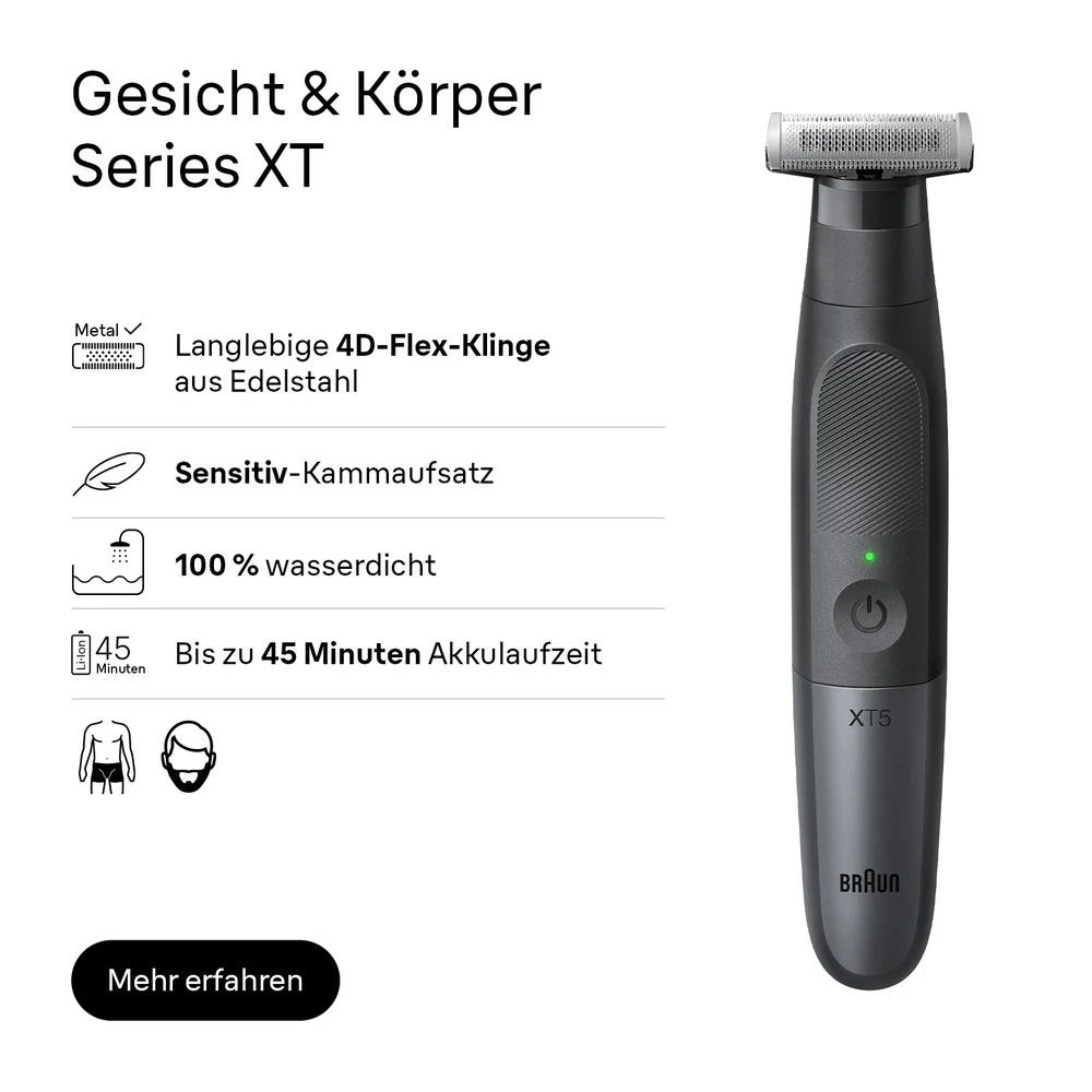 Braun XT5 Trimmer mit 4D-Flex-Klinge aus Edelstahl, Sensitiv-Kammaufsatz, 100 % wasserdicht, 45 Minuten Akkulaufzeit.
