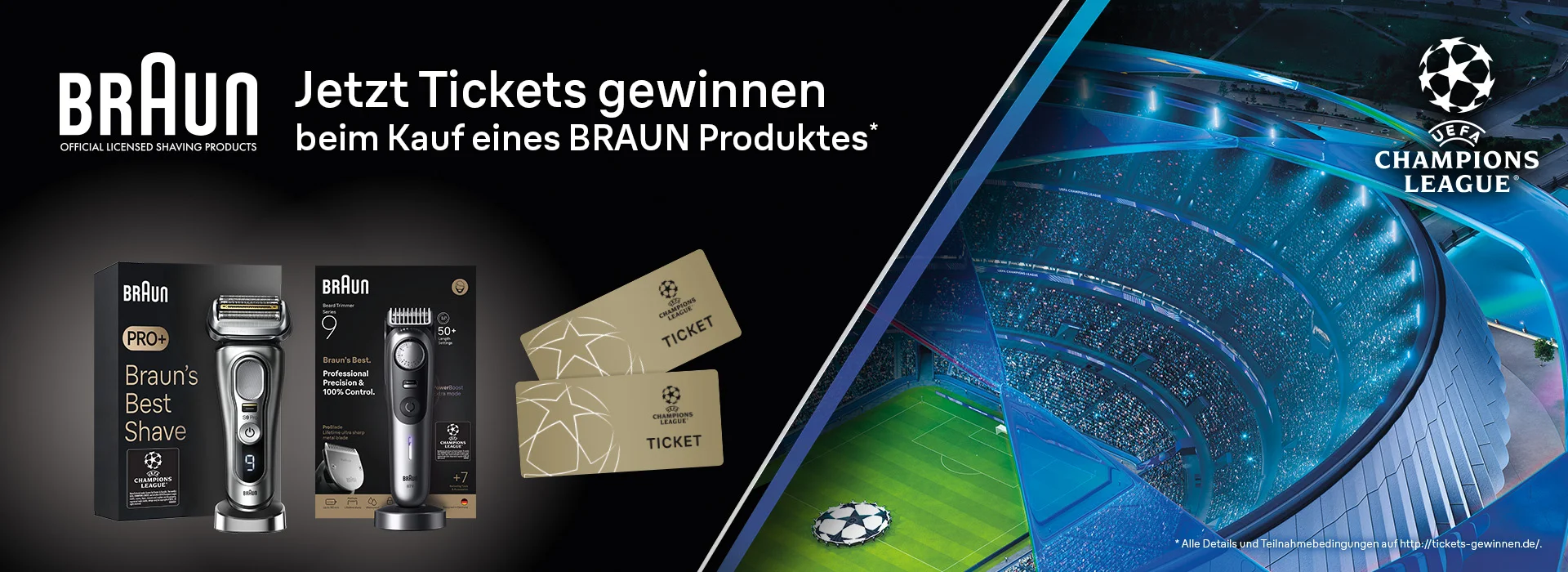 Bild zeigt Braun-Produkte und zwei UCL-Tickets, die Sie gewinnen können