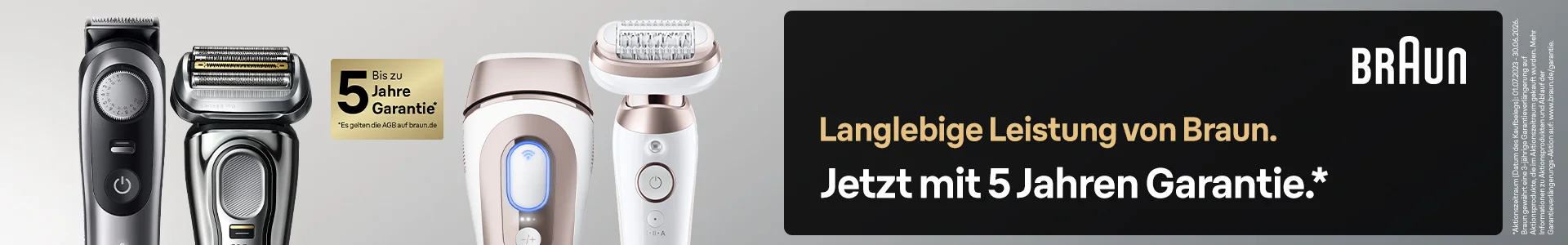 Bild zeigt Braun-Produkte mit dem Hinweis auf 5 Jahre Garantie
