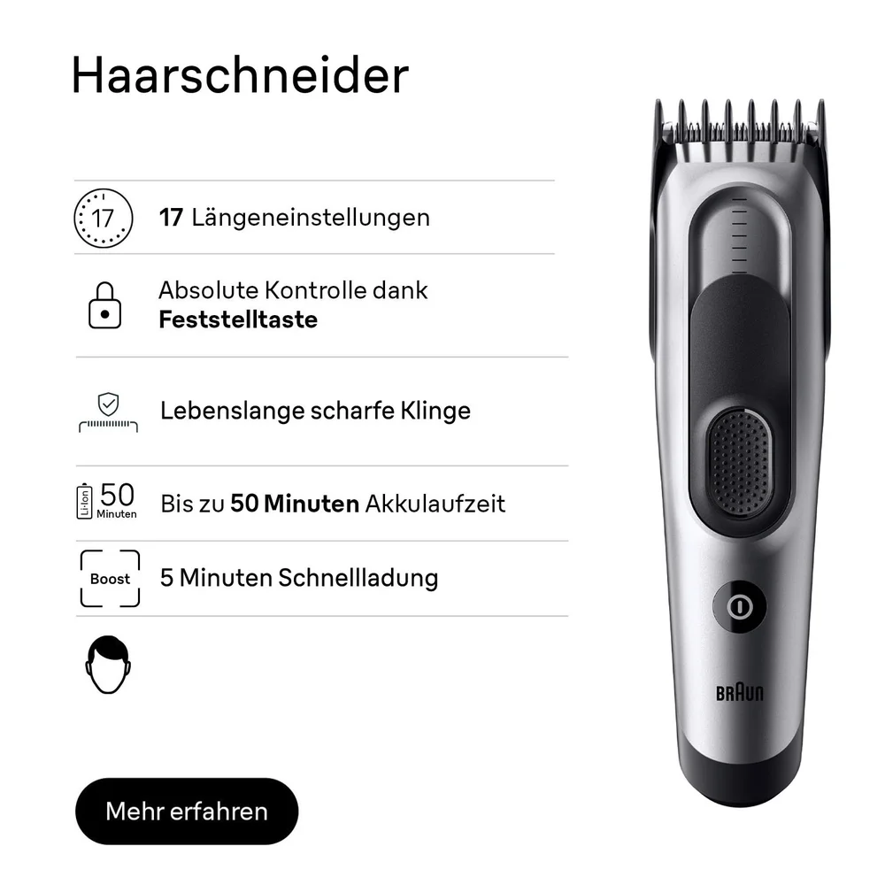 Braun Haarschneider mit 17 Längeneinstellungen, Feststelltaste, scharfer Klinge, 50 Minuten Akku und 5 Minuten Schnellladung.