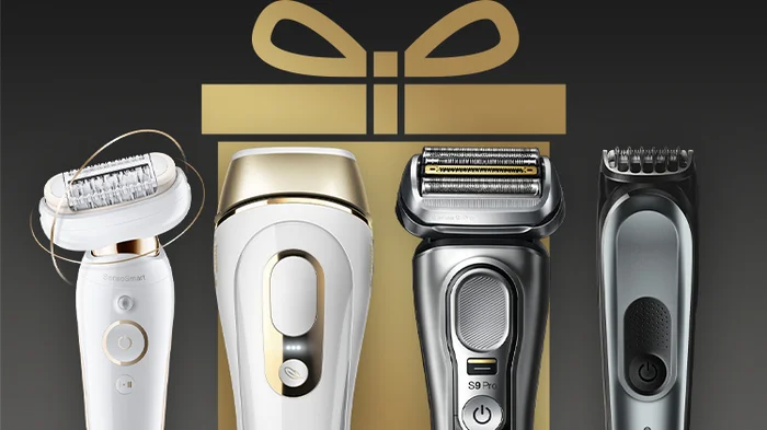 Bild zeigt Braun-Produkte mit einem Weihnachtsgeschenk im Hintergrund.